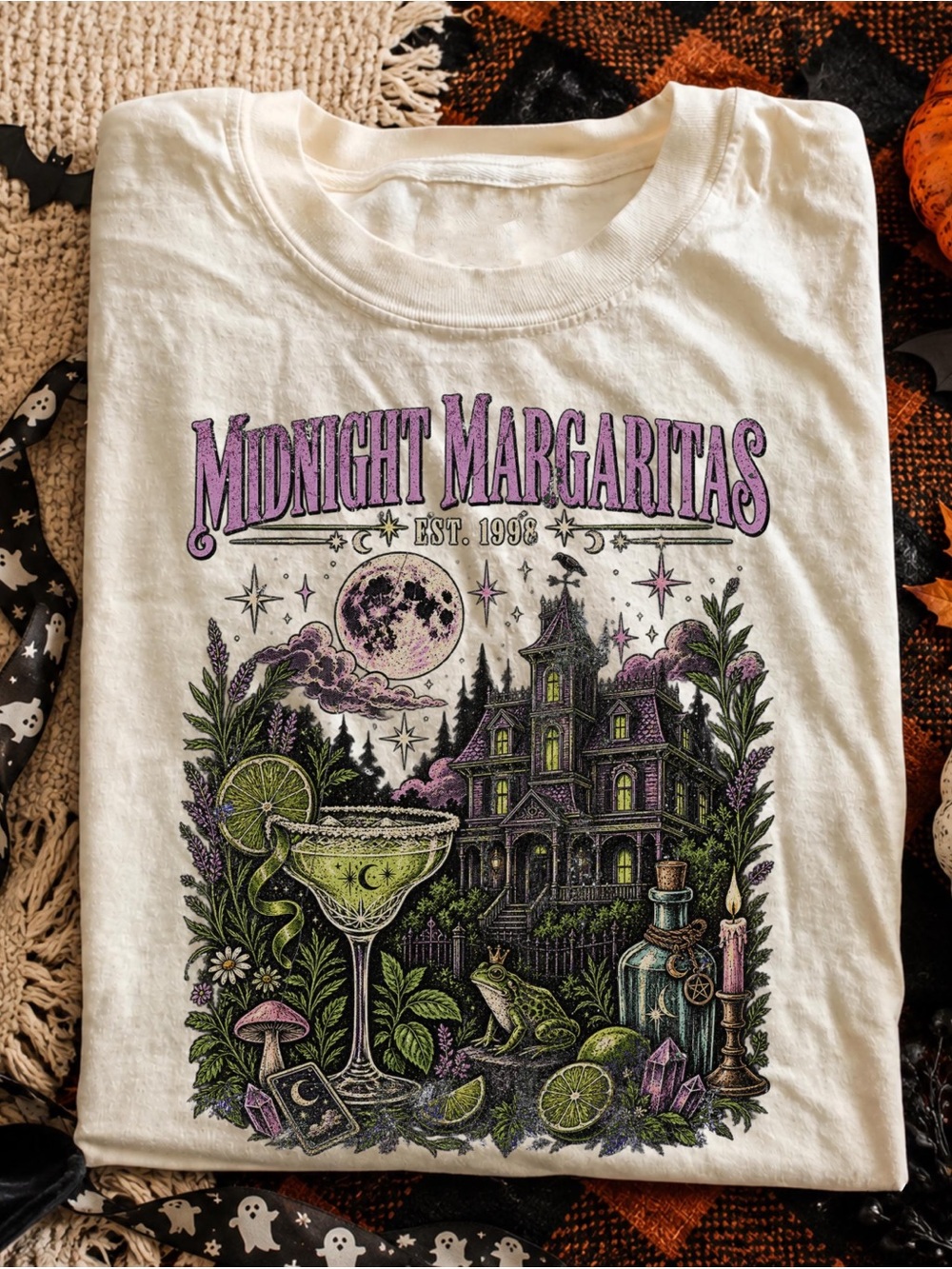 Midnight Margaritas Witchy Halloween Graphic Tee - Off White Unisex